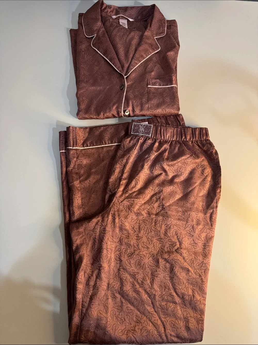 Victoria's Secret Brown Paisley Satin Pajama Set with Cream Piping
